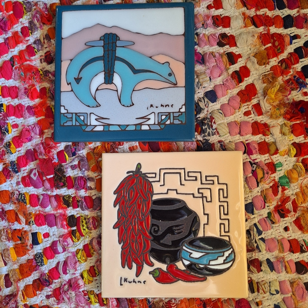 2 vintage signed Leone Kuhne tiles by Earthtones 90s